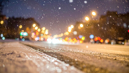 Night City Street Scene with Falling Snow and Blurred Traffic Lights Bokeh