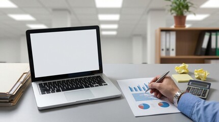 Workspace scene with a laptop, printed charts, and a person writing on a financial report. Office supplies and a calculator are visible on a modern desk in a corporate setting.