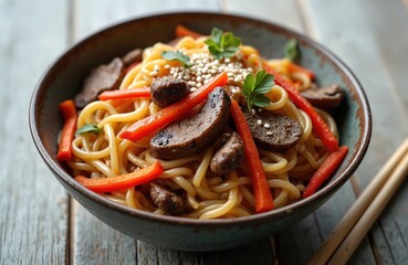 Authentic Korean japchae noodle dish with beef, mushrooms, red pepper, and sesame seeds. Close up of asian cuisine meal in bowl, served with chopsticks, ready for dinner.