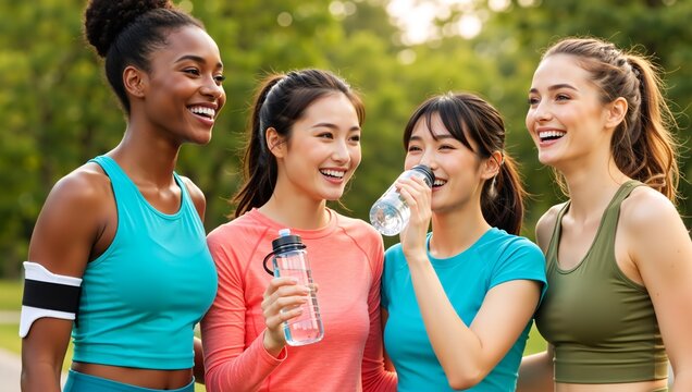 Diverse group of happy women drinking water after exercise in a park. Multi-ethnic female friends in sportswear resting. Healthy lifestyle and hydration concept - Powered by Adobe