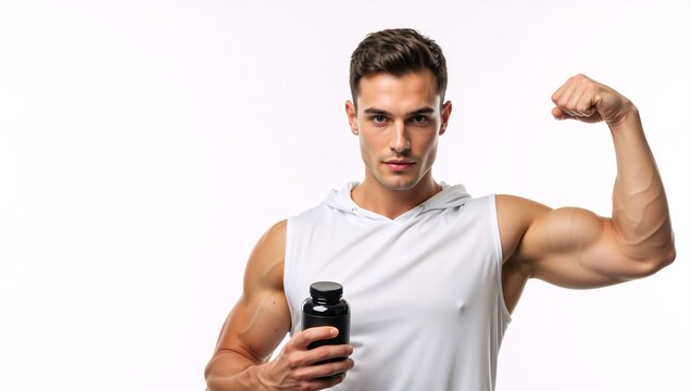 Muscular man flexing bicep and holding protein supplement jar. Strong athletic male model with black container on white background. Fitness and bodybuilding concept with copy space