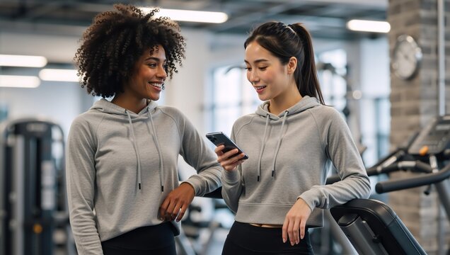 Happy multiethnic female friends looking at smartphone in gym. Two young women in sportswear taking a break after fitness workout - Powered by Adobe