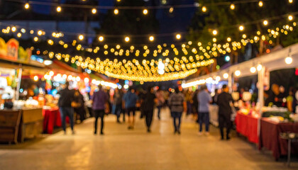 Blurred Night Market Background with Crowd and String Lights Bokeh