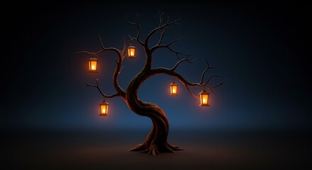 A bare tree with glowing lanterns hanging from its branches at night