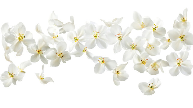 Delicate white jasmine flowers scattered across a white background perfect for spring and summer floral design elements