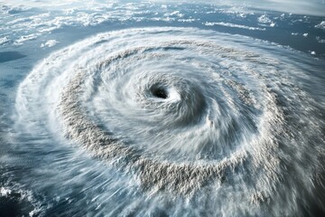 Cyclone forms over open ocean with swirling clouds and center vortex in dramatic weather pattern