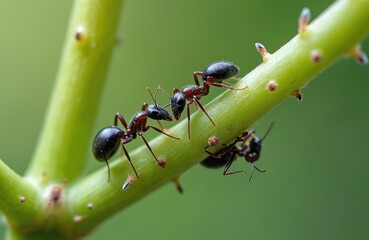 Three ants crawl on green plant stem. Ants interact closely near buds. Macro view of insect behavior on flora. Nature scene shows tiny wild creatures.
