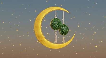 gold crescent moon with green lanterns hanging on white ropes against starry night sky