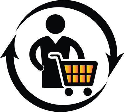 Customer with shopping cart in a circular arrow, symbolizing the retail transaction cycle