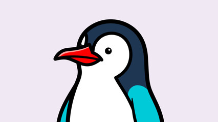 Cartoon penguin with black head, white belly, and red beak on a light purple background.