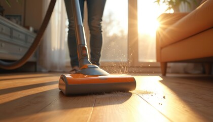 Person vacuums wood floor lifting dust particles. Sunlight streams into room near sofa and cabinet. Home cleaning with appliance, domestic chores, and tidy space.