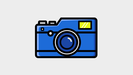 Blue camera illustration with black outline on a white background.