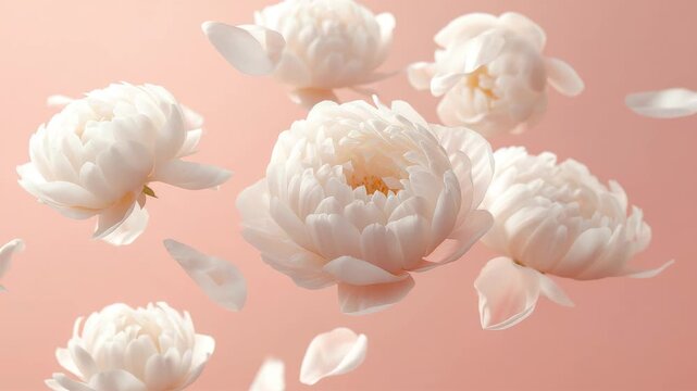 Soft white peony flowers with floating petals on pastel pink surface creating gentle floral composition with airy light and calm mood