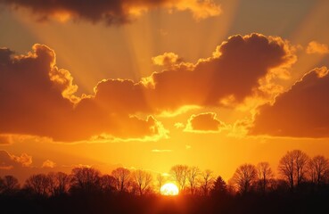 Golden sun rays pierce through orange clouds at dusk over silhouetted trees. Dramatic sky displays vibrant sunset light over distant horizon line. Evening natural scene.
