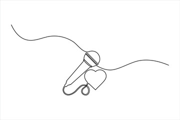 Microphone icon with heart shape music icon, one line art