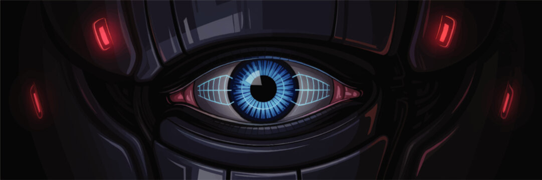 Futuristic cybernetic eye close up with blue iris and glowing red lights, dark sci fi artificial intelligence surveillance concept