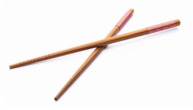 Pair of wooden chopsticks with black grips placed parallel on white background, minimalist and elegant. - Powered by Adobe