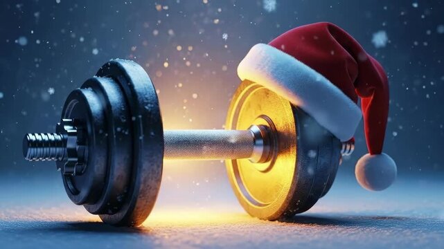 Dumbbell with a festive Santa hat in a snowy setting with a glowing light. Christmas fitness and holiday workout concept for gym advertising.