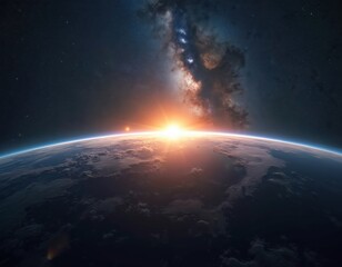 Obraz premium Sunrise over Earth horizon from space. Sun rays shine through Milky Way galaxy. Clouds on planet surface appear illuminated. Global network concept background.