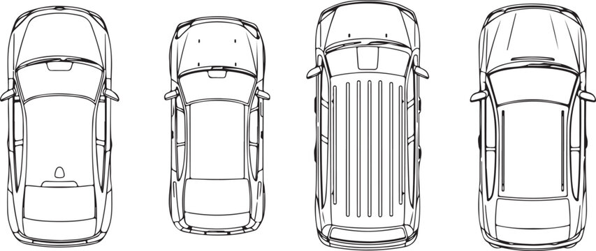 Top view vehicles line art drawing icons set with sedans, SUV and pickup truck vector.eps