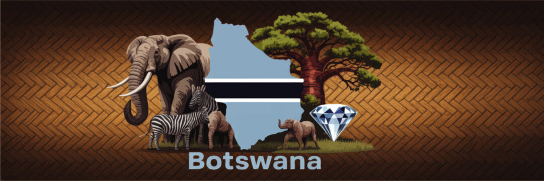 Botswana safari wildlife and diamond illustration with flag map, elephants, zebras and baobab tree on warm African pattern background