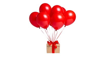 Red balloons with a gift isolated on a transparent background.