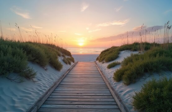 Wooden walkway leads across sand dunes to calm ocean surf under a soft pastel sunrise sky. Tall dune grasses line the sandy path towards the sea. - Powered by Adobe