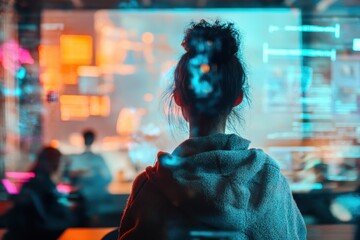 Young woman engaged in data analysis while observing digital projections in a modern workspace