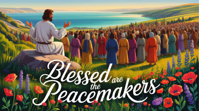 Sermon on the Mount illustration, Blessed Are the Peacemakers Bible verse art, Jesus teaching crowd by sea, Christian landscape
