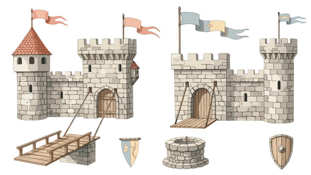 Illustrated set of medieval stone castles with flags and drawbridges, along with a well and a shield for fantasy designs.