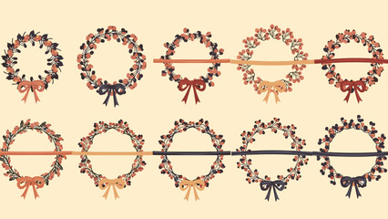 Set of hand-drawn autumn and fall wreaths decorated with rustic berries and bows in warm, earthy tones for seasonal designs.