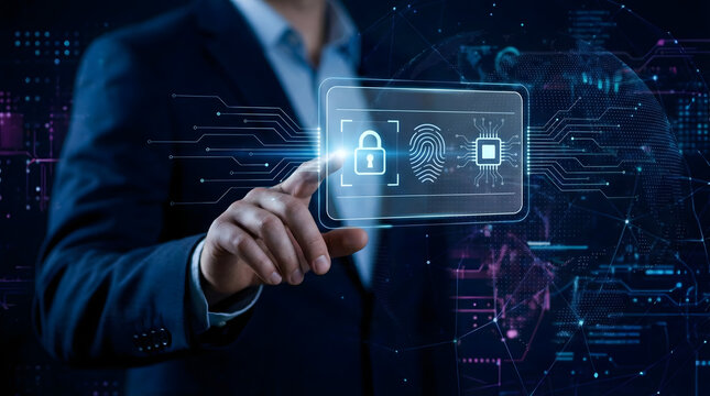 Businessman touching virtual fingerprint scanner interface,biometric security and identification technology,digital identity verification,cyber data access control system concept - Powered by Adobe