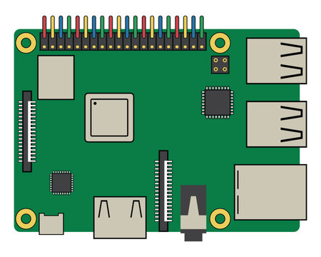 Raspberry pi microcomputer board vector illustration with electronic components