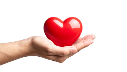 Red heart in woman hand isolated on a transparent background.