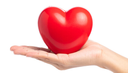 Obraz premium Red heart in woman hand isolated on a transparent background.