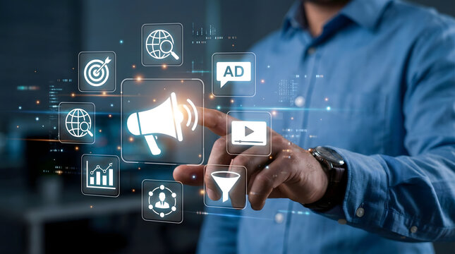 Marketer touching a megaphone icon on a virtual dashboard interface,concept of digital marketing advertising campaign,social media promotion strategy,targeting audience lead flow.