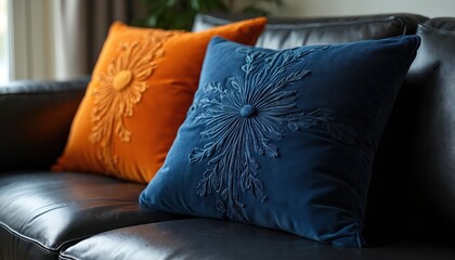 Plush velvet pillows with embossed floral patterns. A navy blue and orange cushion set rests on a sleek black leather sofa. Adds texture and style to modern living spaces.