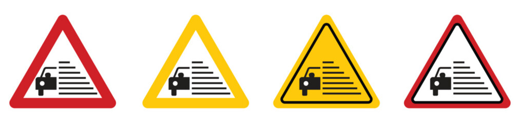 Low Visibility Fog Warning Sign Set - Triangle Road Safety Icons with Car and Foggy Weather Symbols