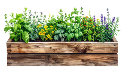 Herbal plants in rustic wooden box isolated on a transparent background.