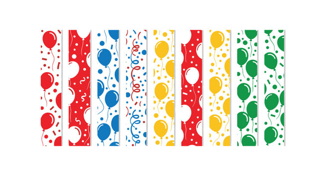 Collection of colorful vertical seamless borders with festive balloons and confetti, perfect for birthday parties and celebrations.