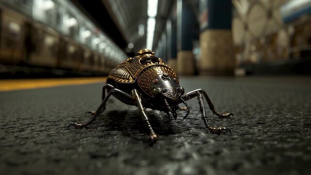 Metallic insect crawling across gritty subway platform floor under dramatic station lighting with urban transport tunnel depth and texture