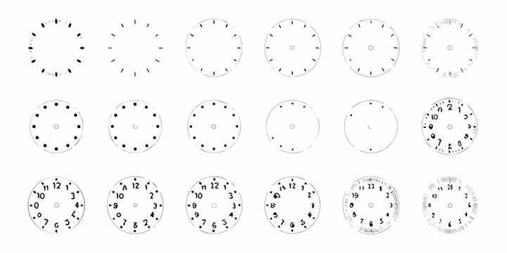 Collection of clock faces displaying various times and designs in rows