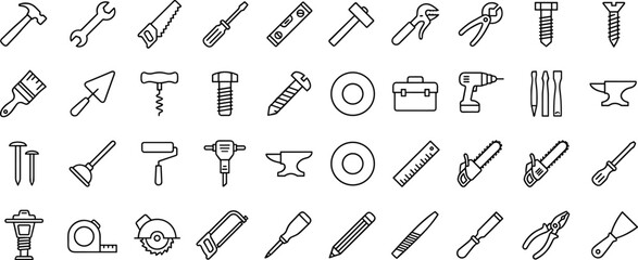 tools, hardware, construction, icons, vector, carpentry, repair, equipment, DIY, wrench, hammer, saw, drill, utility, workshop