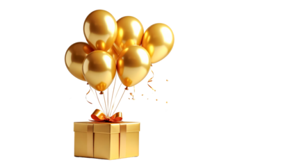 Golden balloon with a gift isolated on a transparent background.