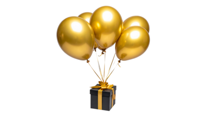 Golden balloon with a gift isolated on a transparent background.
