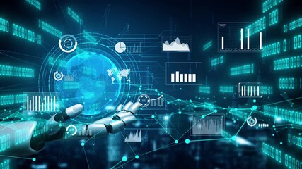 A high-tech representation featuring a robotic hand holding a digital globe surrounded by data visualizations, illustrating the future of technology and analytics. Xenic - Powered by Adobe