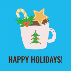 Happy Holidays! A cup of Christmas hot chocolate with cookies and a lollipop. A Christmas winter cup of hot drink in a flat style. Vector illustration.