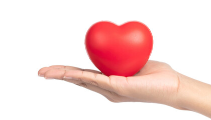 Obraz premium Red heart in woman hand isolated on a transparent background.