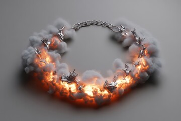 Creative necklace design combining silver elements with glowing smoke and fiery accents
