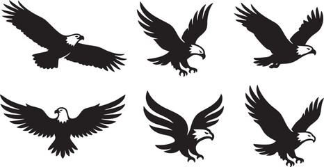 Six black silhouette eagles in various flying poses on white background bird